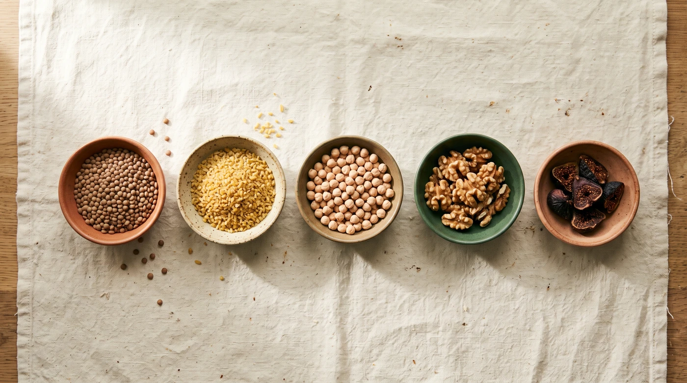 Five small bowls on linen: lentils, bulgur, chickpeas, walnuts and dried figs